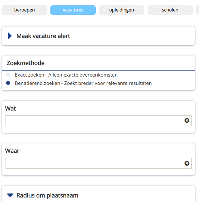 Vacaturezoeker-scherm met tabs: beroepen, vacatures (geselecteerd), opleidingen en scholen; Zoekmethode met Exact of Benaderend zoeken; velden Wat en Waar met radius.